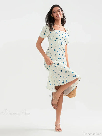 Summer Floral Midi Puff Sleeve A-Line Floral Dress