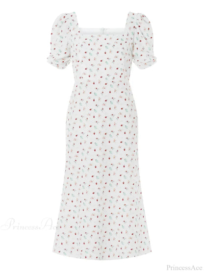 Summer Floral Midi Puff Sleeve A-Line Floral Dress
