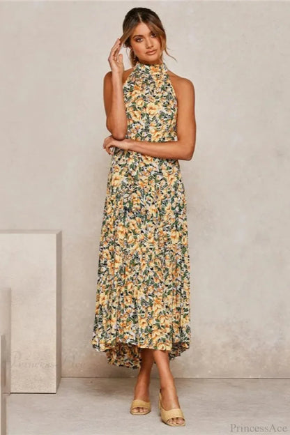 Summer Floral Print Halter Neck Beach Floral Dress