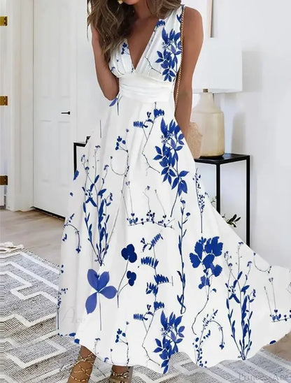 Summer Flower Print Sexy V-neck A-line Floral Dress
