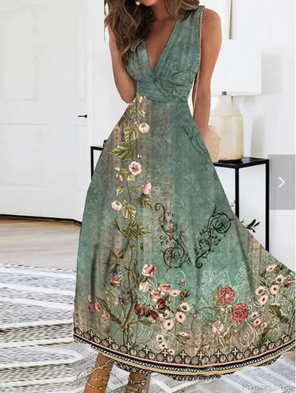 Summer Flower Print Sexy V-neck A-line Floral Dress