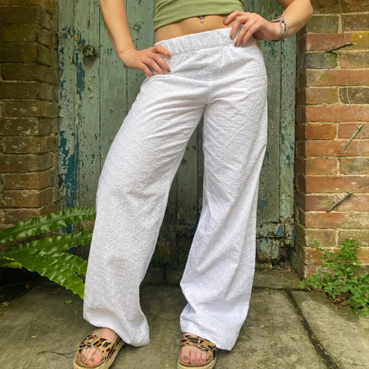 Summer Kawaii Eyelet Embroidery Palazzo Pant