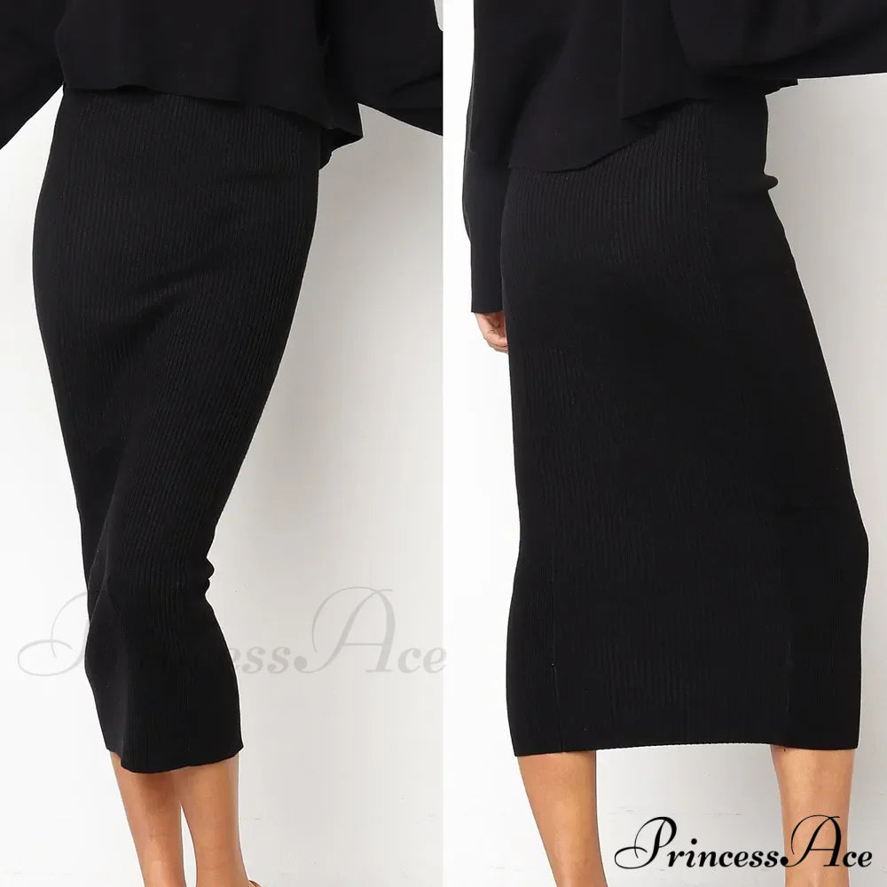 Summer Long Knitted Bodycon Slim Elegant Solid Black Midi Pencil Skirt