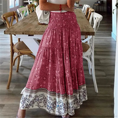 Summer New Women's Printing Skirt Elastic High Waist Pleated Boho