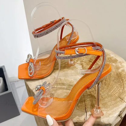 Summer Party Wedding Sandals Crystal Rhinestone Bowknot High Heels Pvc Transparent Pumps High Heel