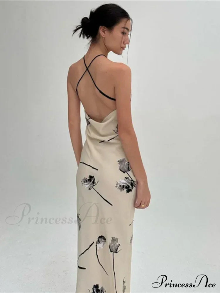 Summer Print Long Halter Backless Satin Split es Women Hot Vestidos Floral Dress