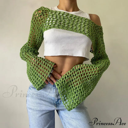 Summer Sexy Long Sleeve Smock Knitted Crop Top