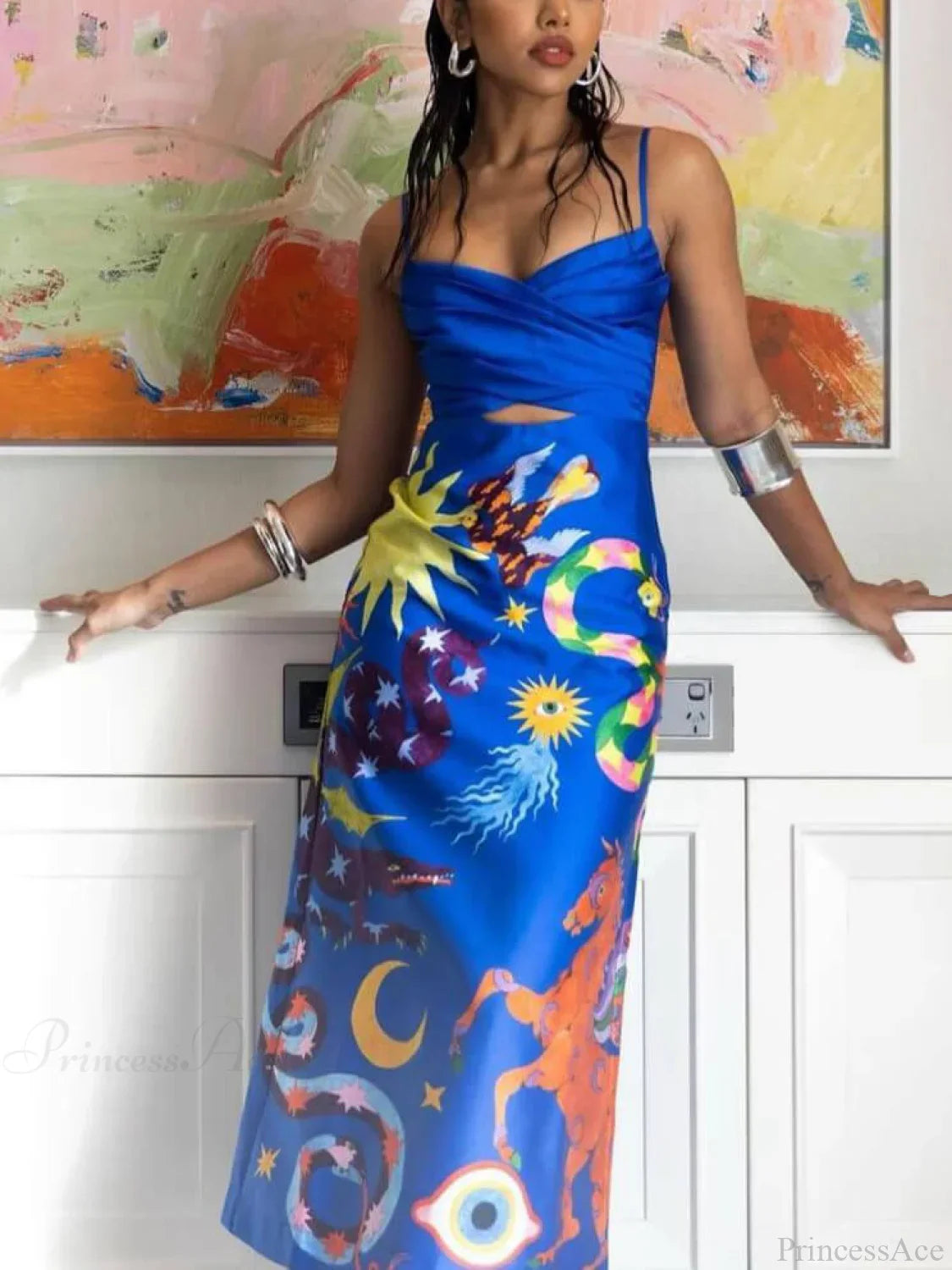 Summer Sexy Satin Backless Graceful Printed Sleeveless Midi Dress