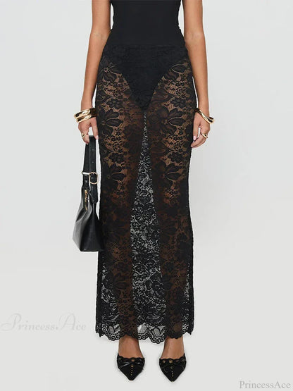 Summer Sexy Sheer Lace Floral Long Skirt Y2K Party