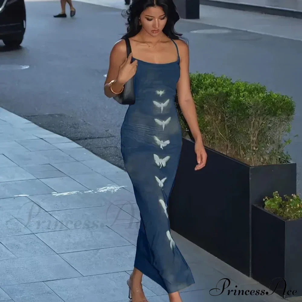Summer Sleeveless Fashion Print Backless Slim Strap Long Elegant Club Party Bodycon Dress