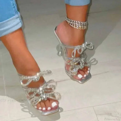 Summer Stiletto Sandals Square Toe Crystal Chain AnkleBuckle Strap Thin High Heel Club Party Wedding High Heel