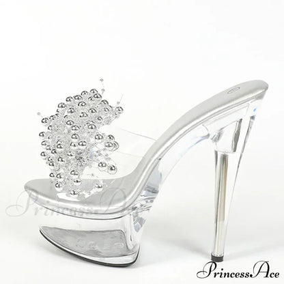 Summer Transparent Silver Pearl Designer High Heel Platform Sandals for Women