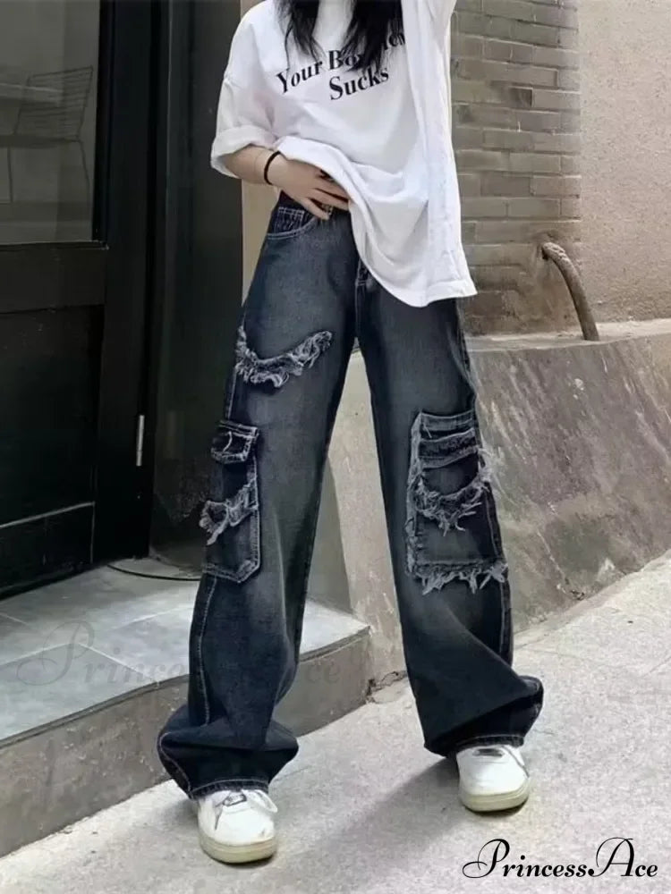 Summer Vintage Washed and Worn Out Versatile Straight Drop High Waist Wide Leg Women's Jean