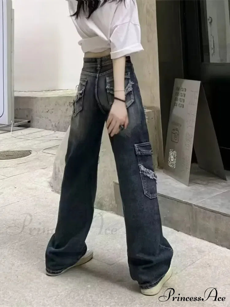 Summer Vintage Washed and Worn Out Versatile Straight Drop High Waist Wide Leg Women's Jean