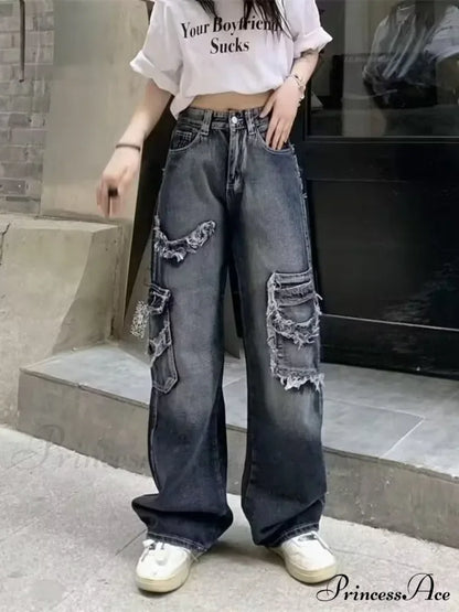 Summer Vintage Washed and Worn Out Versatile Straight Drop High Waist Wide Leg Women's Jean