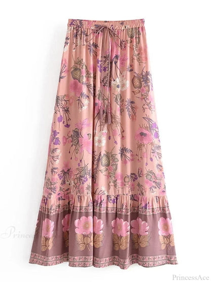 Summer Yellow Floral Print Tassel Beach Bohemian Pleated Rayon Boho Skirt