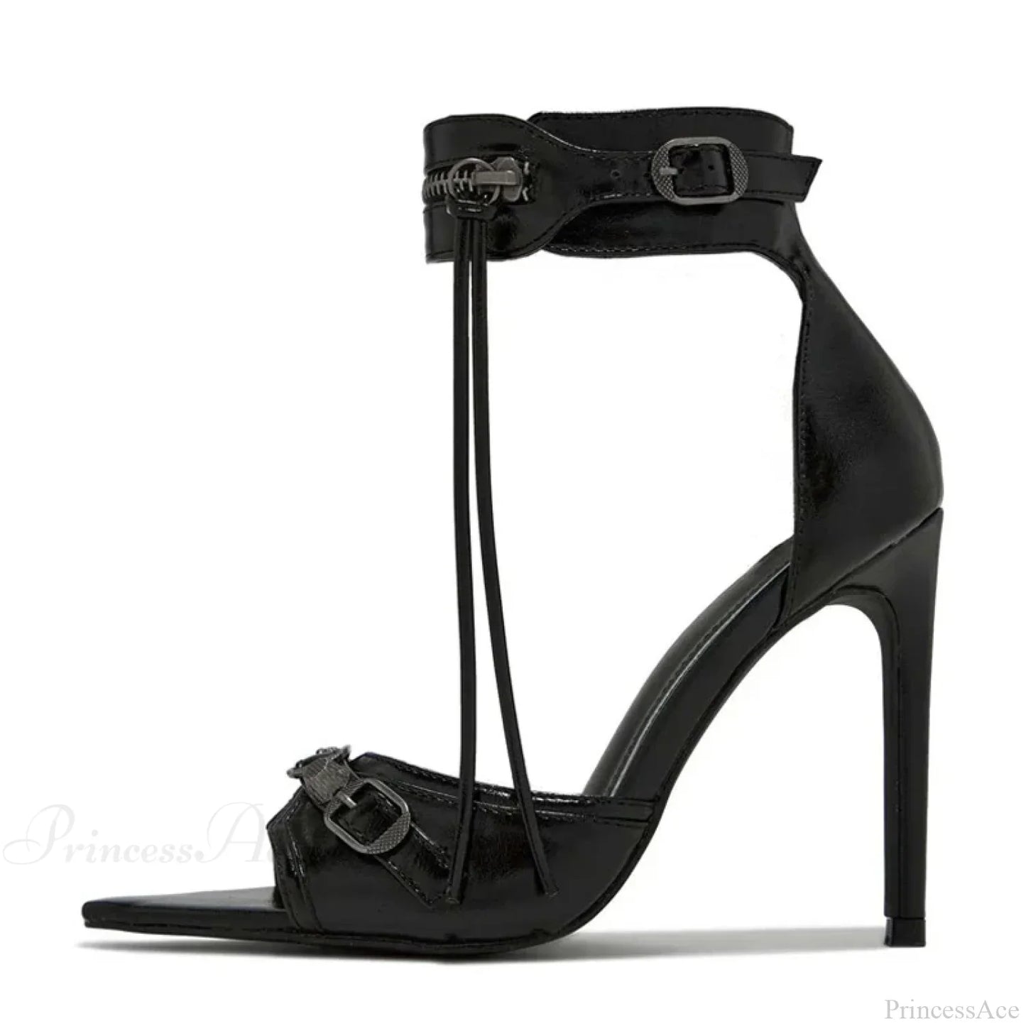 Summer Zip-Tassel Metal-Rivet Buckle Pointed Open-Toe Stripper Heels Wedding Banquet Stiletto High Heel
