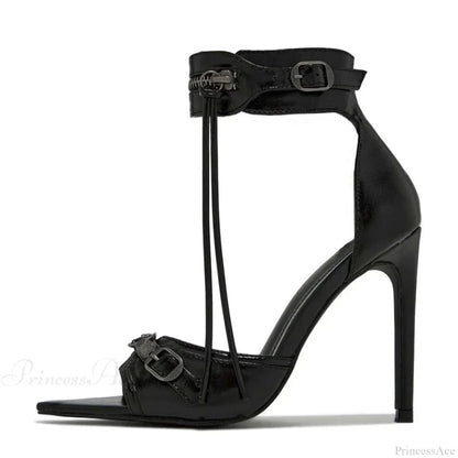 Summer Zip-Tassel Metal-Rivet Buckle Pointed Open-Toe Stripper Heels Wedding Banquet Stiletto High Heel