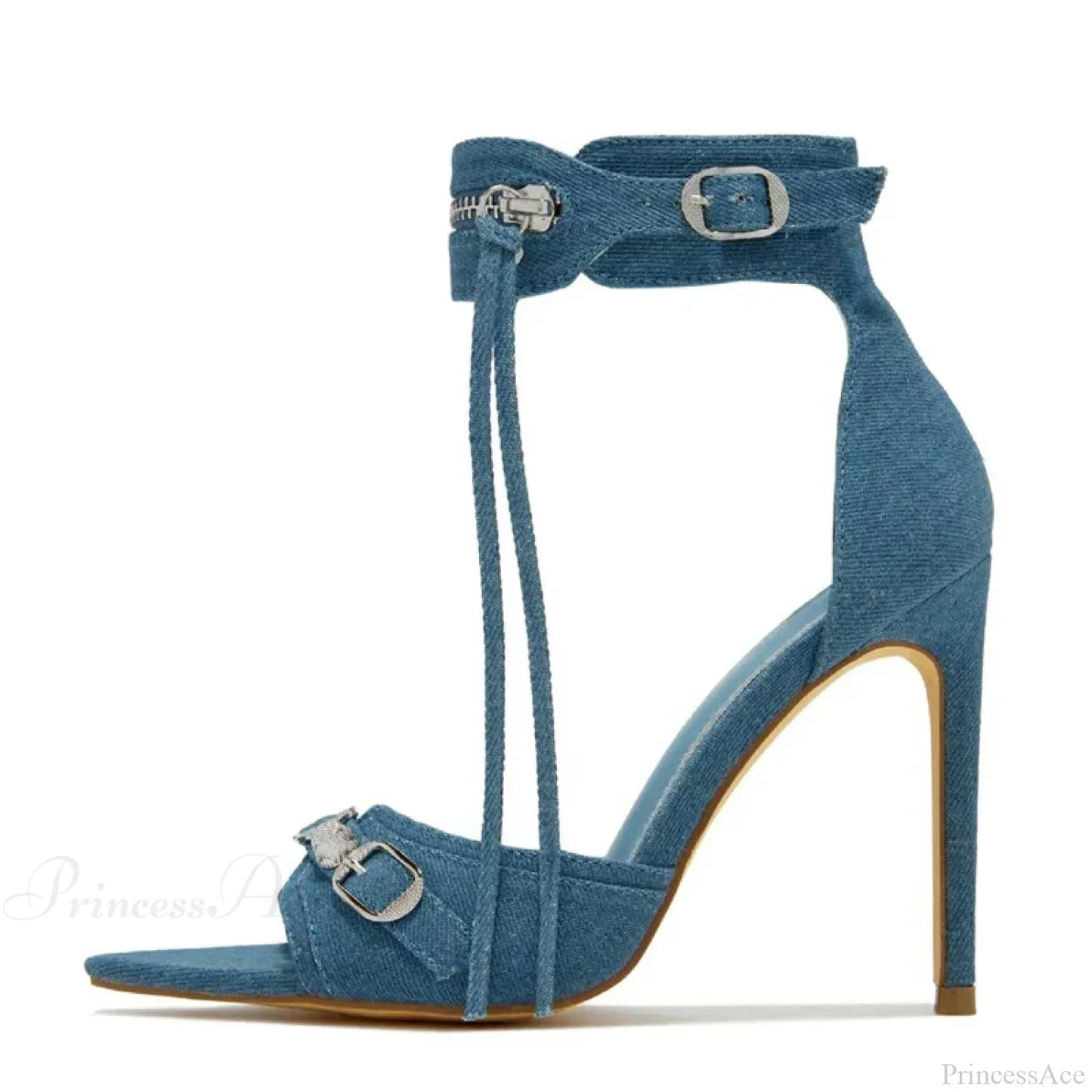 Summer Zip-Tassel Metal-Rivet Buckle Pointed Open-Toe Stripper Heels Wedding Banquet Stiletto High Heel