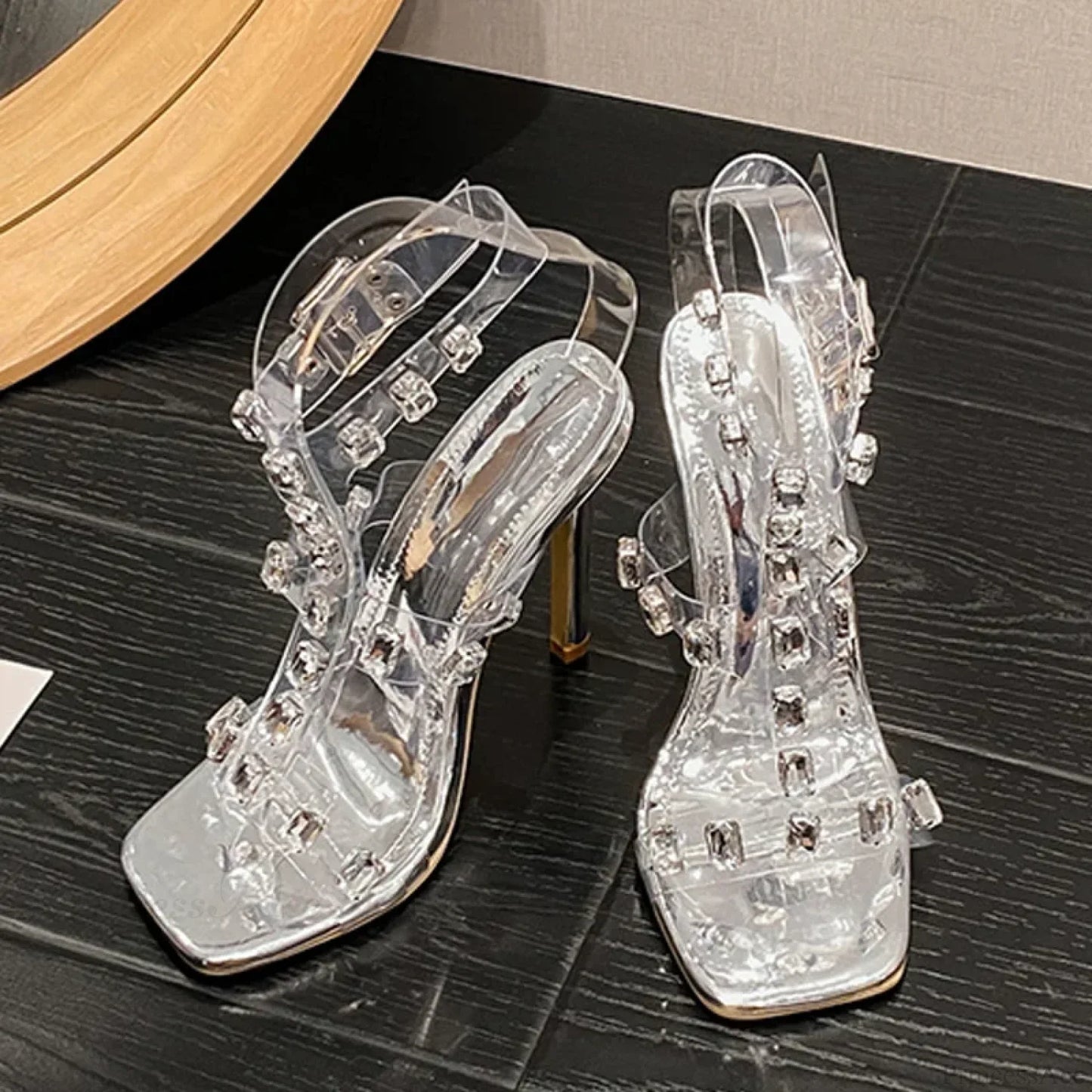 SummerFashion Crystal Diamond Rivet Pvc Transparent Sandals Square-Toe Stripper High-Heels Wedding High Heel