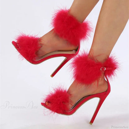 SummerFashion Faux-Fur Ankle-Strap Sandals Open-Toe Fluffy-Feather High-Heels Party Dress Women Sandals High Heel