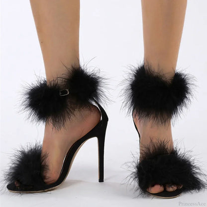 SummerFashion Faux-Fur Ankle-Strap Sandals Open-Toe Fluffy-Feather High-Heels Party Dress Women Sandals High Heel