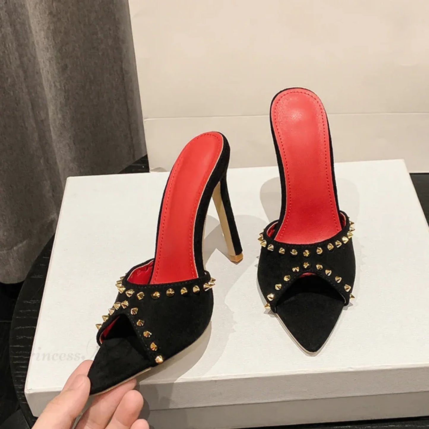 SummerFashion Metal Rivet Designer High-Heels Pointed-Toe Party Stripper Women Mules High Heel