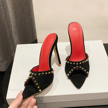 SummerFashion Metal Rivet Designer High-Heels Pointed-Toe Party Stripper Women Mules High Heel