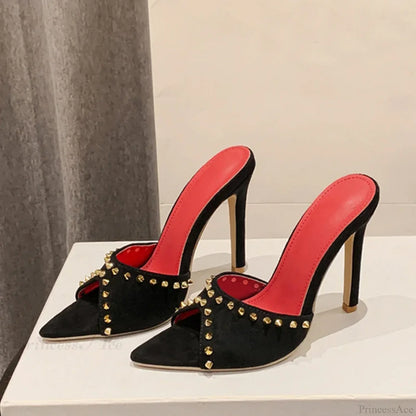 SummerFashion Metal Rivet Designer High-Heels Pointed-Toe Party Stripper Women Mules High Heel