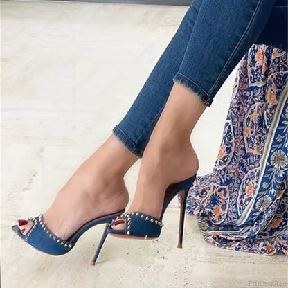 SummerFashion Metal Rivet Designer High-Heels Pointed-Toe Party Stripper Women Mules High Heel