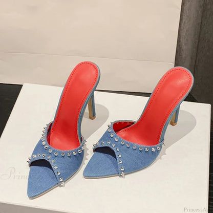 SummerFashion Metal Rivet Designer High-Heels Pointed-Toe Party Stripper Women Mules High Heel