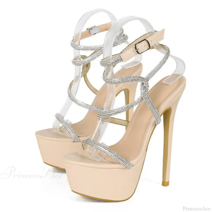 SummerFashion Rhinestone Narrow-Band Sexy Open-Toe Platform High-Heels 16CM Stiletto Party Stripper High Heel