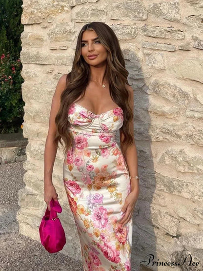 Suninheart Spaghetti Strap Print Party Wedding Guest Holiday Floral Dress