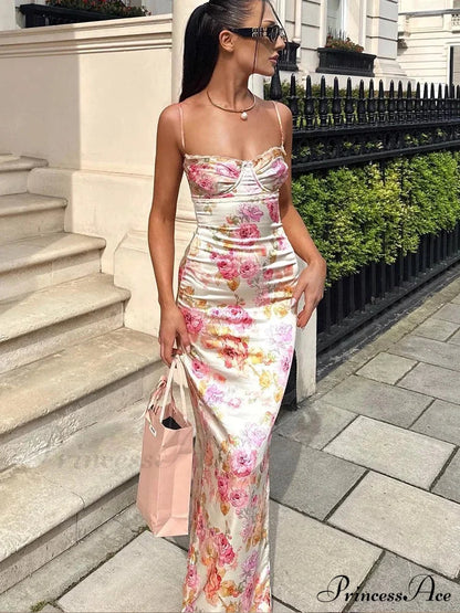 Suninheart Spaghetti Strap Print Party Wedding Guest Holiday Floral Dress