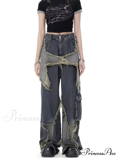 Super Beautiful Flower High Waist Summer Loose Wide Leg Vintage Unique Versatile Straight Women's Jean