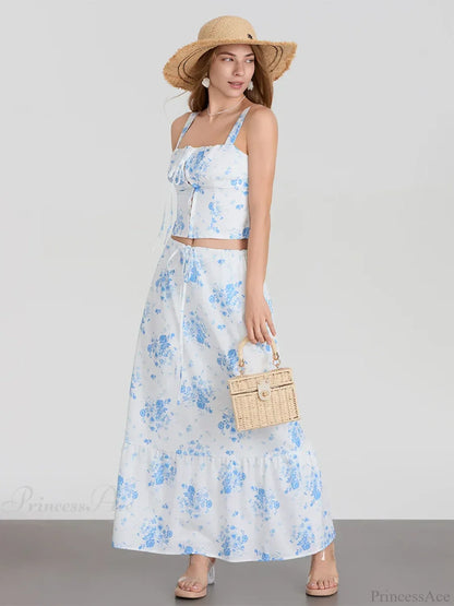 Suspender Crop Tank Top Drawstring A-line Skirt Floral Dress
