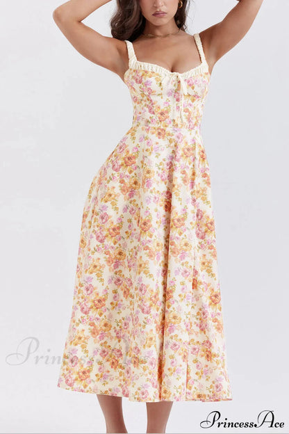 Suspender Patchwork Printed Charming Lace-Up Midi Dress
