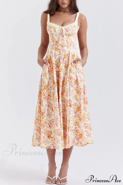 Suspender Patchwork Printed Charming Lace-Up Midi Dress
