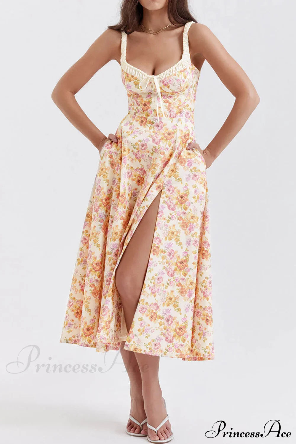 Suspender Patchwork Printed Charming Lace-Up Midi Dress