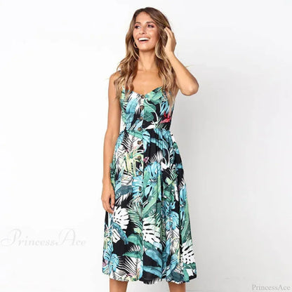 Suspender V-neck Sleeveless Floral Vacation Dress