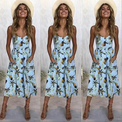 Suspender V-neck Sleeveless Floral Vacation Dress