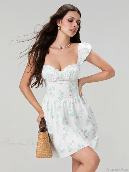 Sweet Elegant Floral Corset Mini Lace Trim Low-Cut Backless A-Line Dress