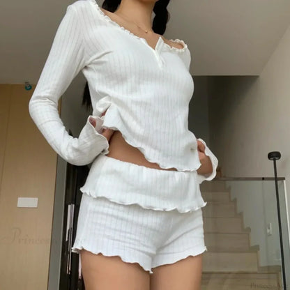 Sweet Girl Long Sleeve Crop Top Shorts Two Pieces Set