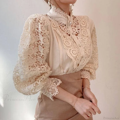 Sweet Hollow Lace Patchwork Button White Blouse