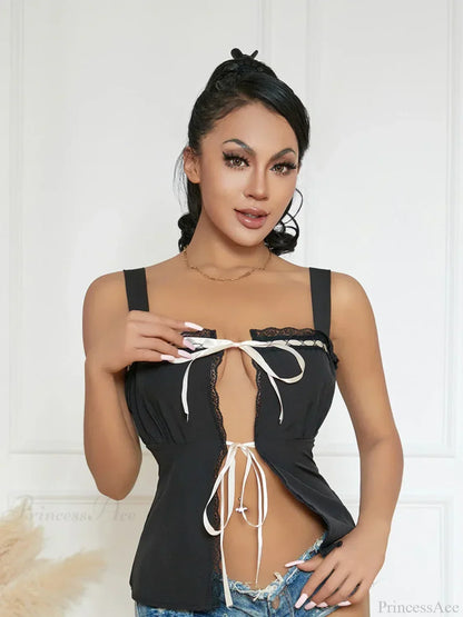 Sweet Lace Trim Tie-up Square Neck Slit Tank Vest