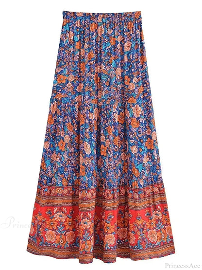 Tassel Floral Print Beach Boho Pleated Maxi Skirt Femme