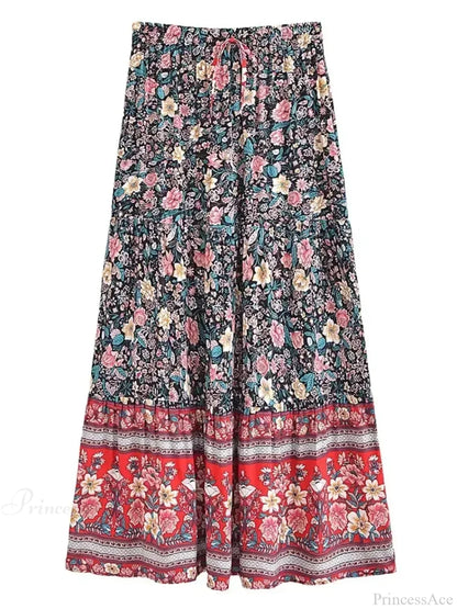 Tassel Floral Print Beach Boho Pleated Maxi Skirt Femme