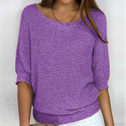 Three - Quarter Sleeve Elegant Purple Sweater