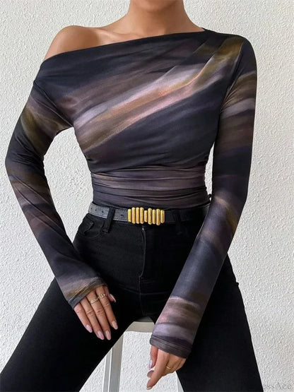 Tie-dye One Shoulder Slim Fit Long Sleeve Knit Top