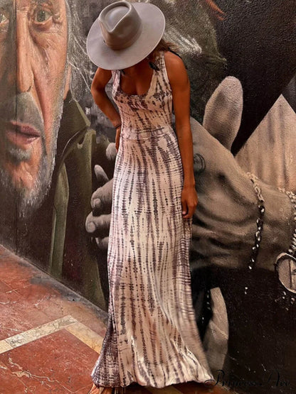 Tie-dye Print Back Charming Lace-up Stretch Maxi Dress
